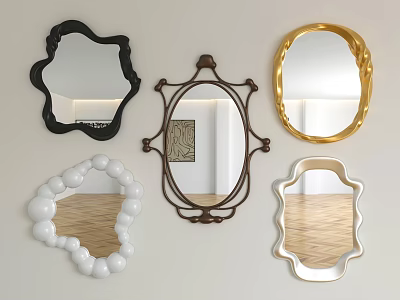 Various Designed Decorative Wall Mirrors With Gold Black White Brown Frames And Unique Shapes 3d model