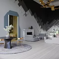 Luxury Dining Living Room Interior With Black Bookshelf Gold Chandelier And Round Table