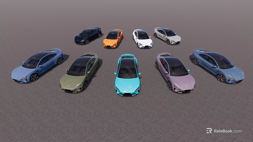 Multiple Modern Cars With Various Colors Arranged In Display Formation 3d model