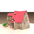 Cartoon Scene Cute Small House with Red Roof Tower Wooden Windows and Cart Wheel Decoration
