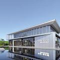 Modern Sales Office Building Architectural Design With Glass Walls Walkway Water Pool And Greenery 3d model