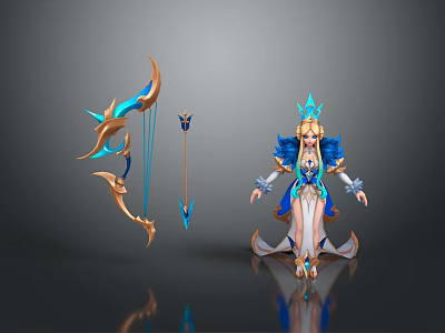 Elegant Elven Archer With Ornate Blue Bow And Mythical Creature 3d model