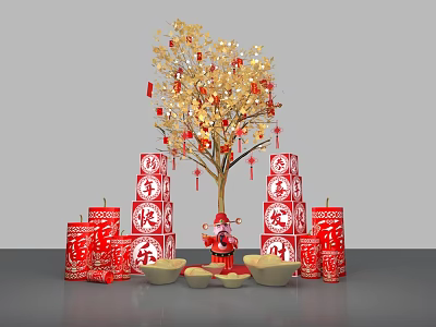 Festive Chinese New Year Decor With Golden Tree Red Xi Towers Ornaments And Bowls 3d model