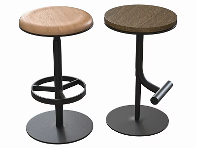 Wooden Seat Bar Stools With Black Metal Frames Round Bases And Different Footrest Designs 3d model