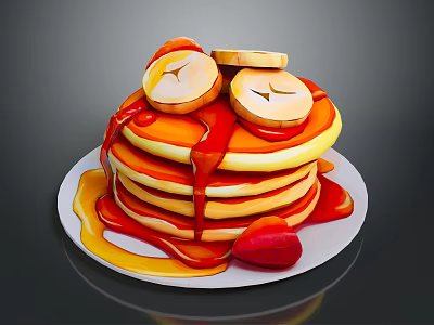 Stack of Fluffy Pancakes Topped with Banana Slices Drizzled Syrup and Fresh Strawberry on Plate 3d model