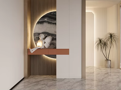 Modern Entryway Hallway Design With Circular Wall Decor Wooden Console And Floor Plant 3d model