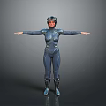 Female Game Movie Character In Blue Tight Combat Suit With Helmet And Arms Outstretched