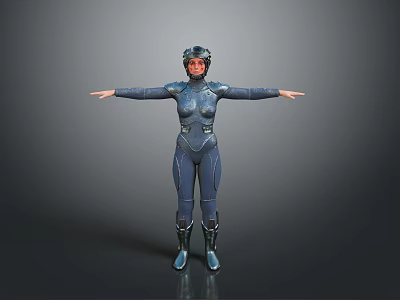 Female Game Movie Character In Blue Tight Combat Suit With Helmet And Arms Outstretched 3d model