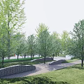Scenic Park Landscape Featuring Green Trees Red Maple Stone Paths And Benches