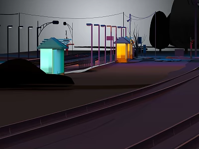 Nighttime Railroad Scene With Blue Yellow Illuminated Houses Street Lamps And Trees 3d model