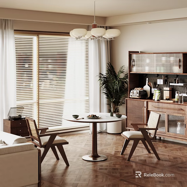 Modern Restaurant Interior With Round Dining Table Wooden Chairs White Blinds Potted Plant And Chandelier 3d model 
