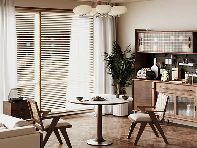 Modern Restaurant Interior With Round Dining Table Wooden Chairs White Blinds Potted Plant And Chandelier 3d model