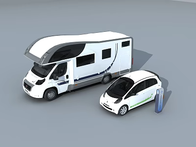 Modern White Camper Van And Compact Electric Car With Charging Station 3d model