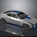 Sleek White And Blue Modern Sports Car With Streamlined Body And Black Wheels