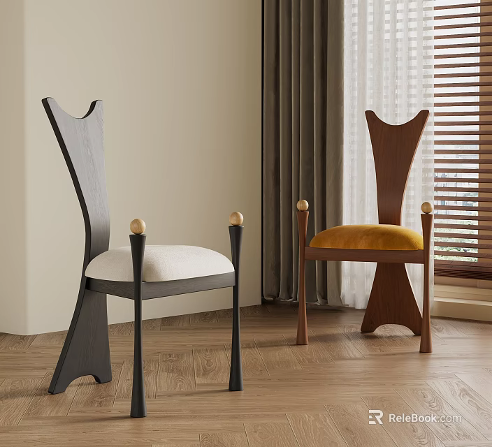 Unique Design Dining Chairs With Black Brown Frames And White Velvet Cushions On Wooden Floor 3d model 