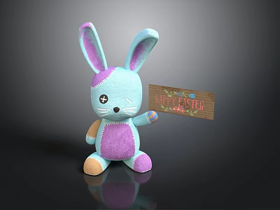 Light Blue And Purple Plush Rabbit Toy Holding Happy Easter Wooden Sign 3d model