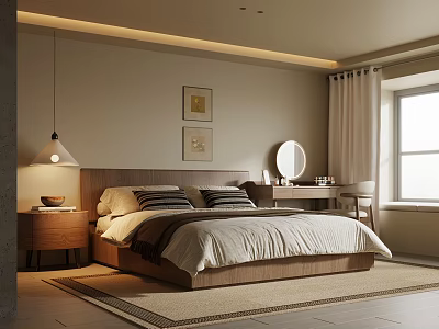 Modern Bedroom Interior With Wooden Headboard Nightstand Table Lamp Wall Art And Curtains 3d model