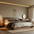 Modern Bedroom Interior With Wooden Headboard Nightstand Table Lamp Wall Art And Curtains
