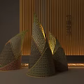 Agricultural Exhibition Hall Showcasing Bamboo Weaving Artworks With Golden Slat Wall Design