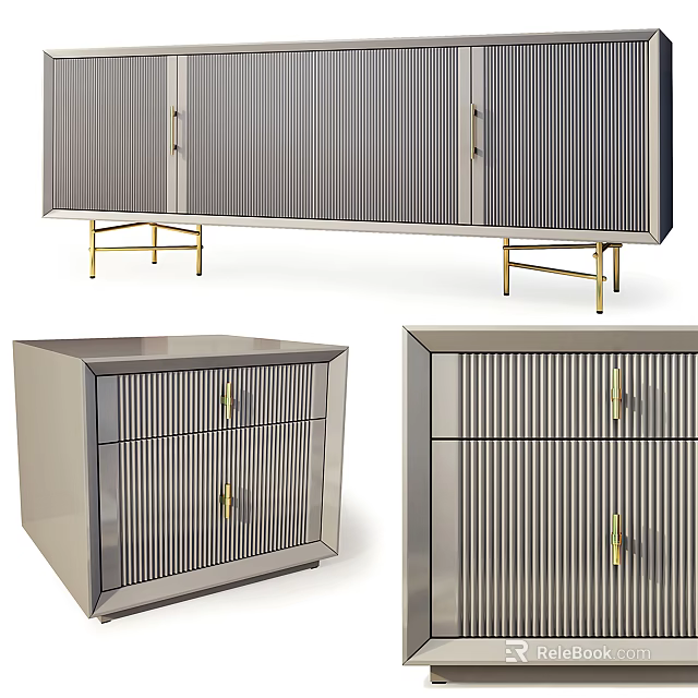Modern Nightstand Design With Vertical Stripes Gold Legs Drawers And Sleek Finish 3d model 