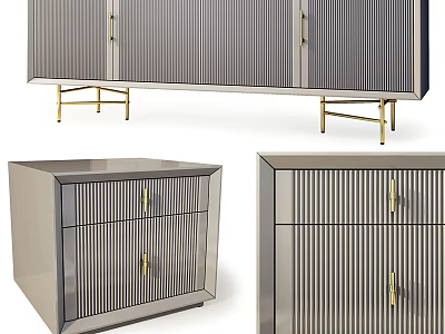 Modern Nightstand Design With Vertical Stripes Gold Legs Drawers And Sleek Finish 3d model