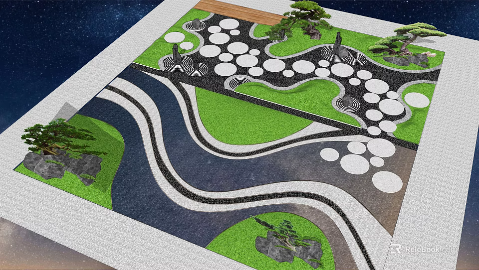 Beautiful Garden Landscape Design With Winding Paths Green Lawns Circular Slabs And Pine Trees 3d model 