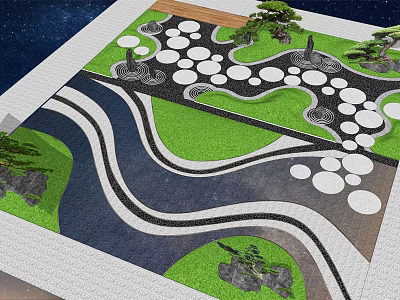 Beautiful Garden Landscape Design With Winding Paths Green Lawns Circular Slabs And Pine Trees 3d model