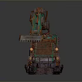 Green Mini Utility Vehicle With Tracks Front Bucket Hydraulic Arm And Rustic Rusted Appearance