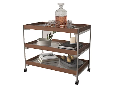 Mobile Multi Tier Side Table With Wooden Shelves And Decorative Storage 3d model