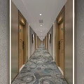 Hotel Corridor with Guest Room Doors Patterned Carpet and Soft Ceiling Lights 3d model