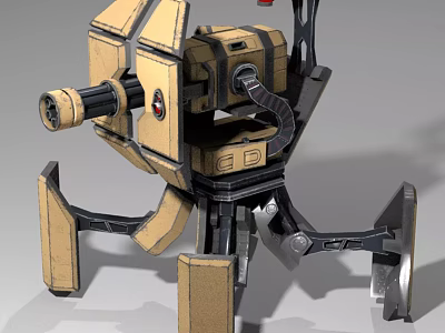Tan and Black Mechanical Weapon with Robotic Legs and Tactical Cannon Design 3d model
