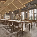 Spacious Modern Restaurant Interior With Geometric Ceiling Lights Long Tables And Chairs 3d model