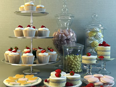 Colorful Assorted Desserts Display With Cupcakes Macarons Candies And Strawberry Toppings 3d model