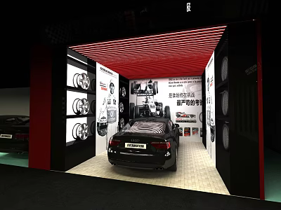 4S Auto Showroom Interior With Display Car Wheel Rims And Promotional Posters 3d model