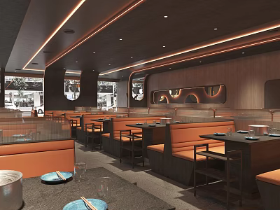 Modern Restaurant Interior With Orange Banquettes Dark Tables And Warm Lighting 3d model