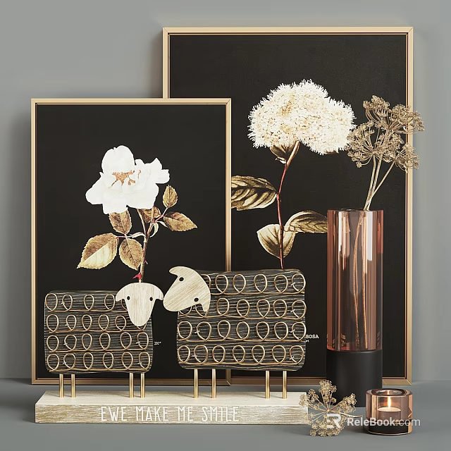 Decorative Ornament Set With Black Framed Gold Leaf Artwork Gold Sheep Figurines And Copper Vase 3d model 