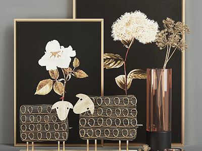 Decorative Ornament Set With Black Framed Gold Leaf Artwork Gold Sheep Figurines And Copper Vase 3d model