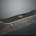 Black Skateboard With Smiley Face Design Wooden Edge And Wheels On Reflective Surface