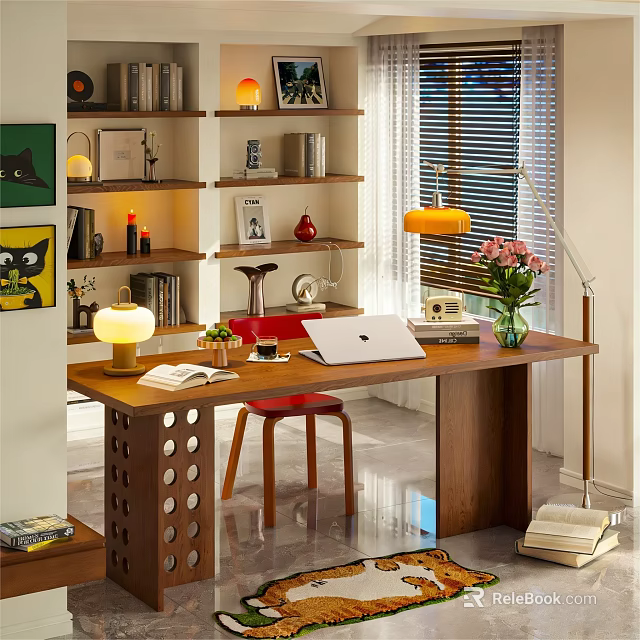 Modern Study Room With Wooden Desk Laptop Table Lamp Red Chair And Shelves 3d model 
