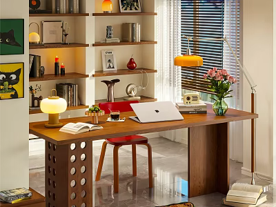 Modern Study Room With Wooden Desk Laptop Table Lamp Red Chair And Shelves 3d model