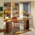Modern Study Room With Wooden Desk Laptop Table Lamp Red Chair And Shelves