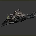 Cartoon Mining Scene In Rocky Terrain With Wooden Buildings Mining Equipment And Pine Trees
