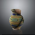 Ceramic Clay Jug With Broken Rim And Colorful Striped Decorative Patterns