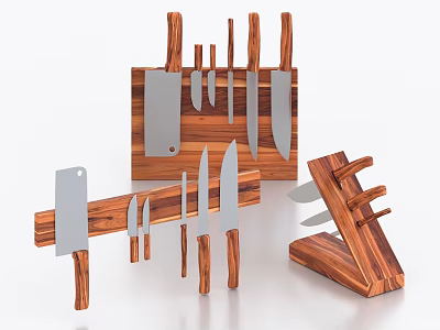 Set of Various Sharp Kitchen Knives with Wooden Storage Block and Durable Handles 3d model