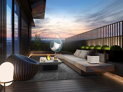 Elegant Villa Balcony With Outdoor Furniture Greenery And Twilight Sky 3d model