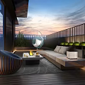 Elegant Villa Balcony With Outdoor Furniture Greenery And Twilight Sky