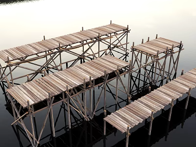 Wooden Docks With Multiple Platforms And Support Beams Over Calm Water 3d model