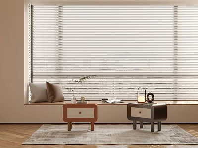White Blinds Large Window With Cushioned Windowsill Two Side Tables On Wooden Floor Light Carpet 3d model