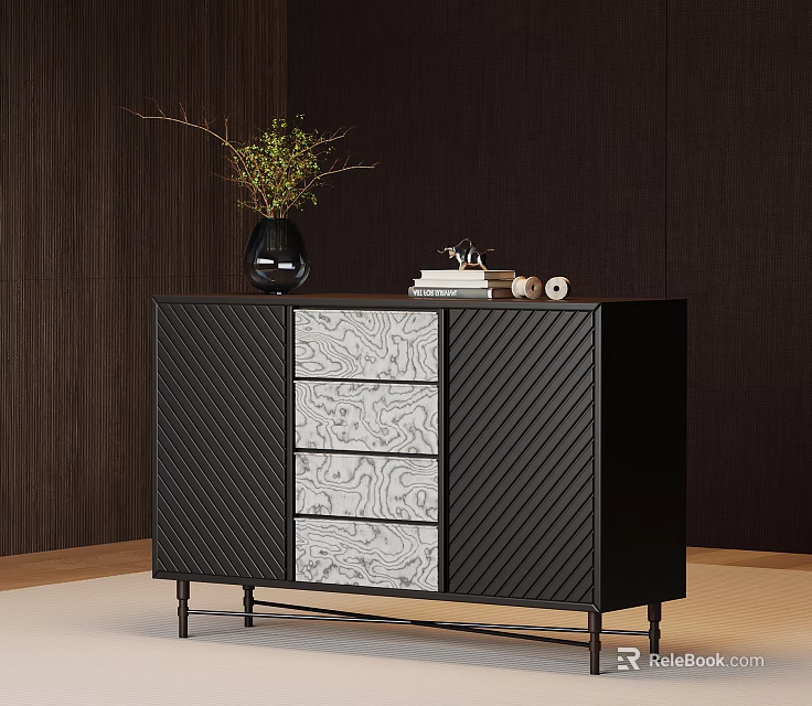Modern Entryway Sideboard Cabinet With Black Frame Marble Drawers And Decorative Items 3d model