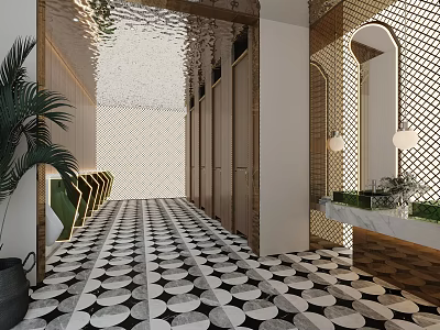 Stylish Public Restroom With Geometric Tiles And Greenery 3d model